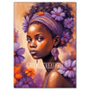 A vibrant painting of an African woman with purple hair adorned with orange and purple flowers.