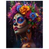 A vibrant painting of a woman with a floral and skull face painted on her forehead, surrounded by colorful flowers and leaves