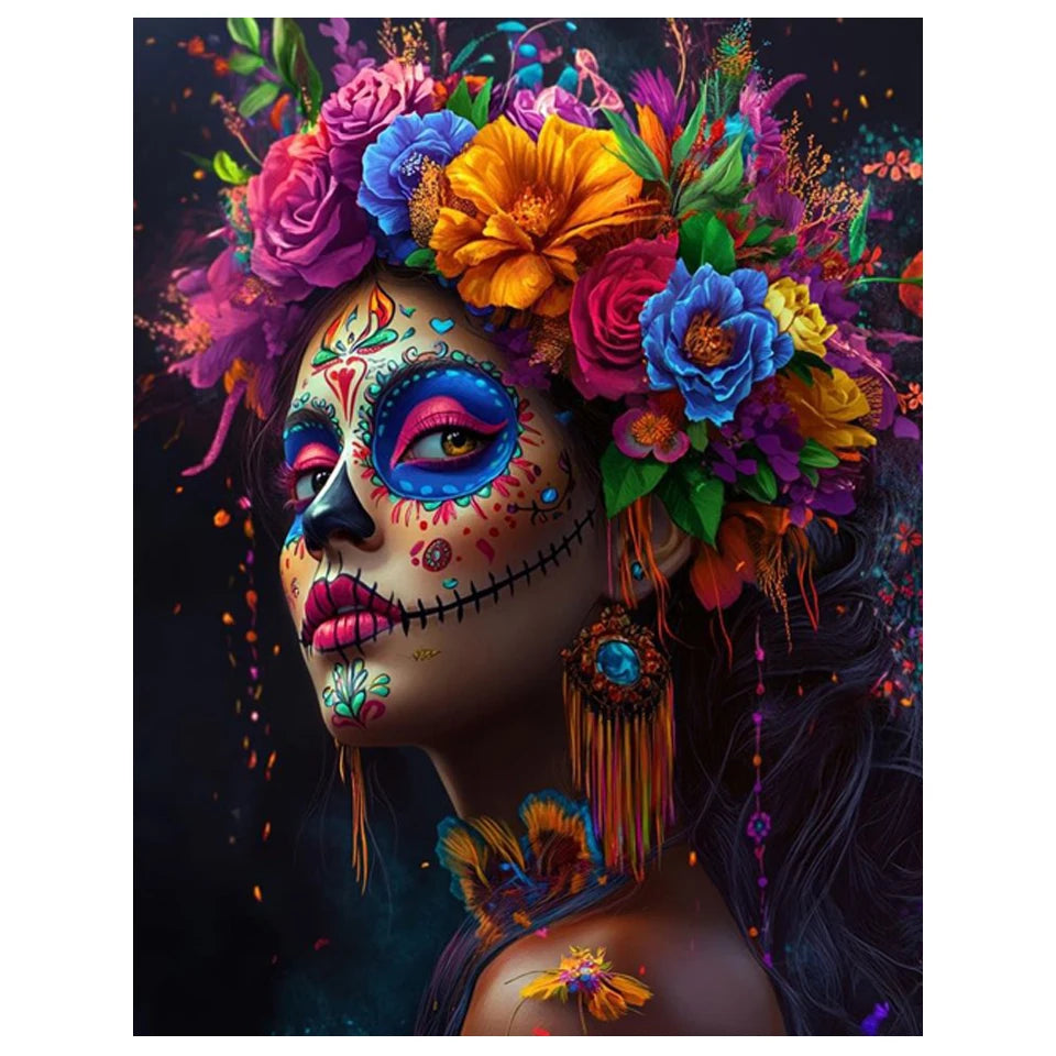 A vibrant painting of a woman with a floral and skull face painted on her forehead, surrounded by colorful flowers and leaves