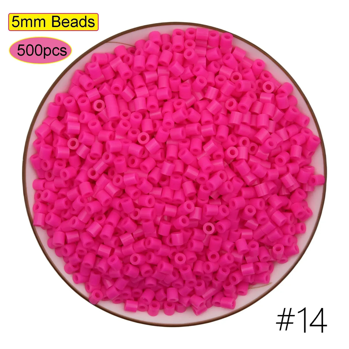 A circular display of 500 pink 5mm beads used for craft projects.