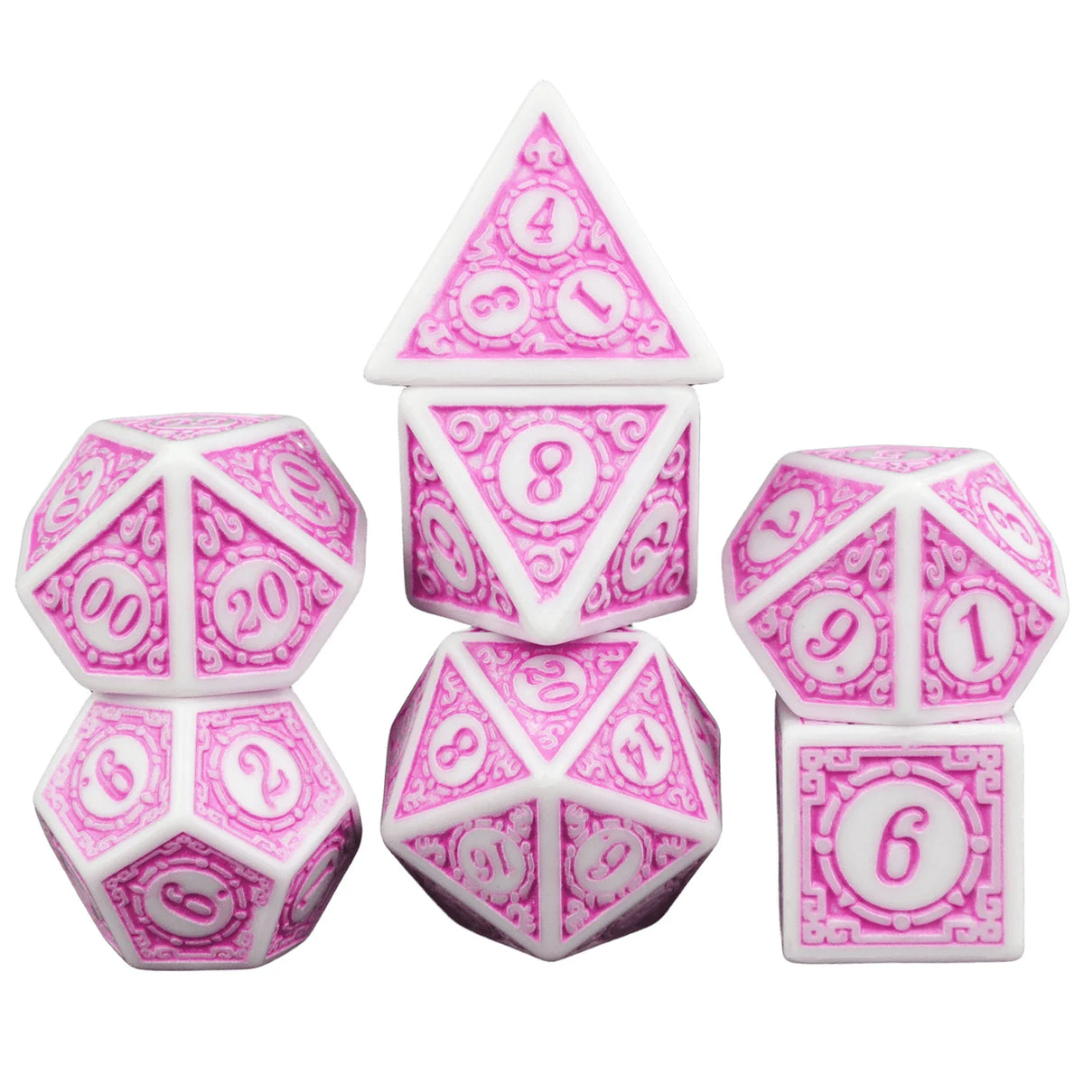 A set of pink and white polyhedral dice including a tetrahedron, octahedron, dodecahedron, and icosahedron.