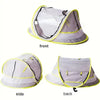 Front, side, and back views of an instant pop-up baby tent with UV protection and breathable mesh.