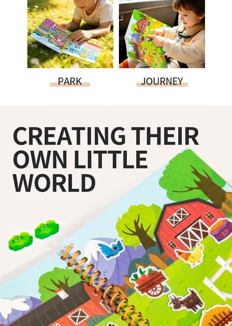 A colorful illustration showing a child creating their own little world with nature and farm elements.