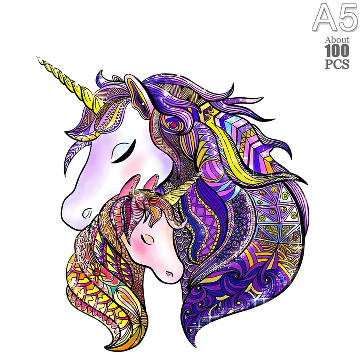 A colorful illustration of a unicorn and a horse head, featuring intricate patterns and vibrant colors.