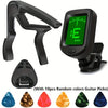A set of guitar accessories including a clamp, tuner, and ten random colored guitar picks.
