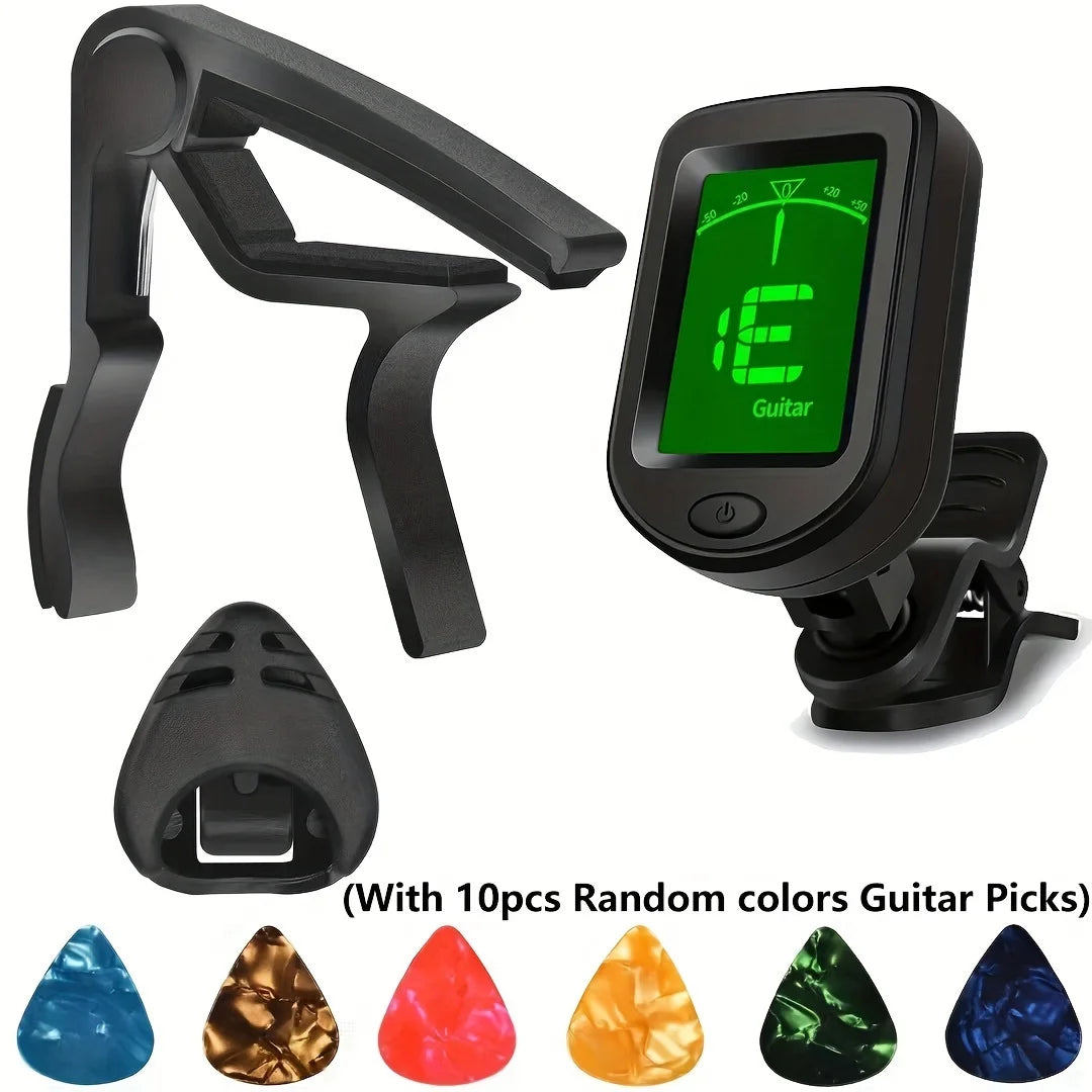 A set of guitar accessories including a clamp, tuner, and ten random colored guitar picks.