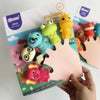 A set of five yellow and green animal finger puppets for children's storytime fun