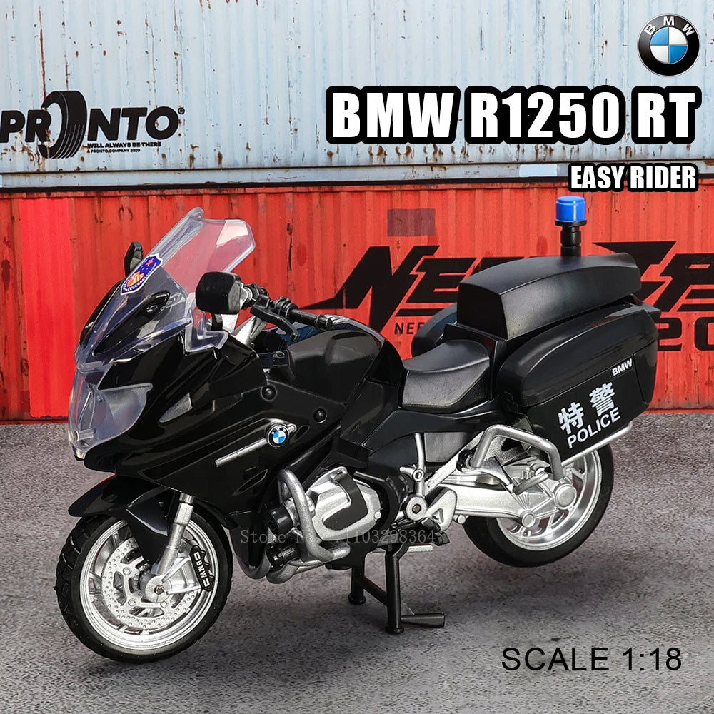 A black BMW R1250 RT motorcycle model in 1:18 scale displayed against a red industrial background.