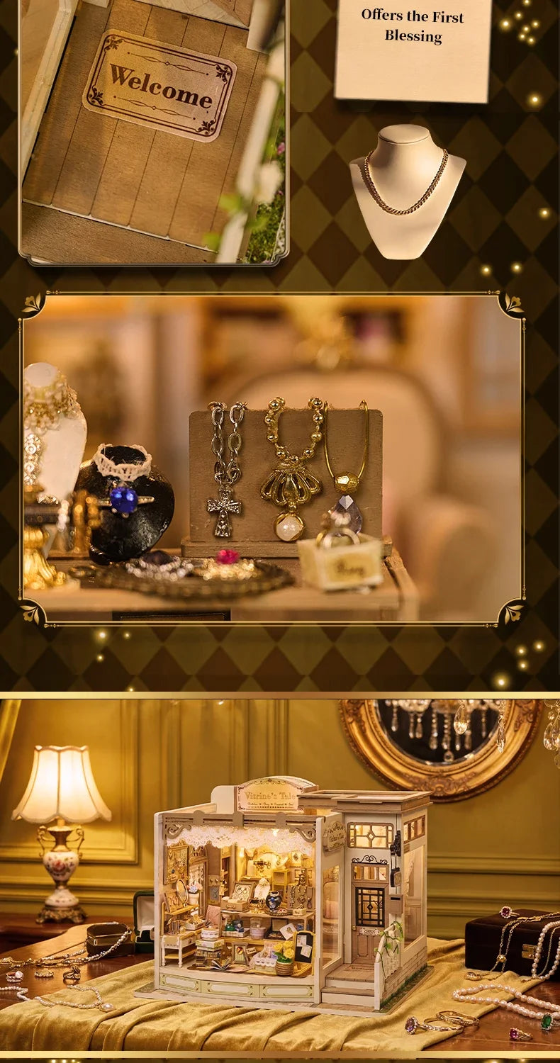 A detailed French-style wooden miniature dollhouse kit with intricate furniture and accessories displayed on a gold-colored f