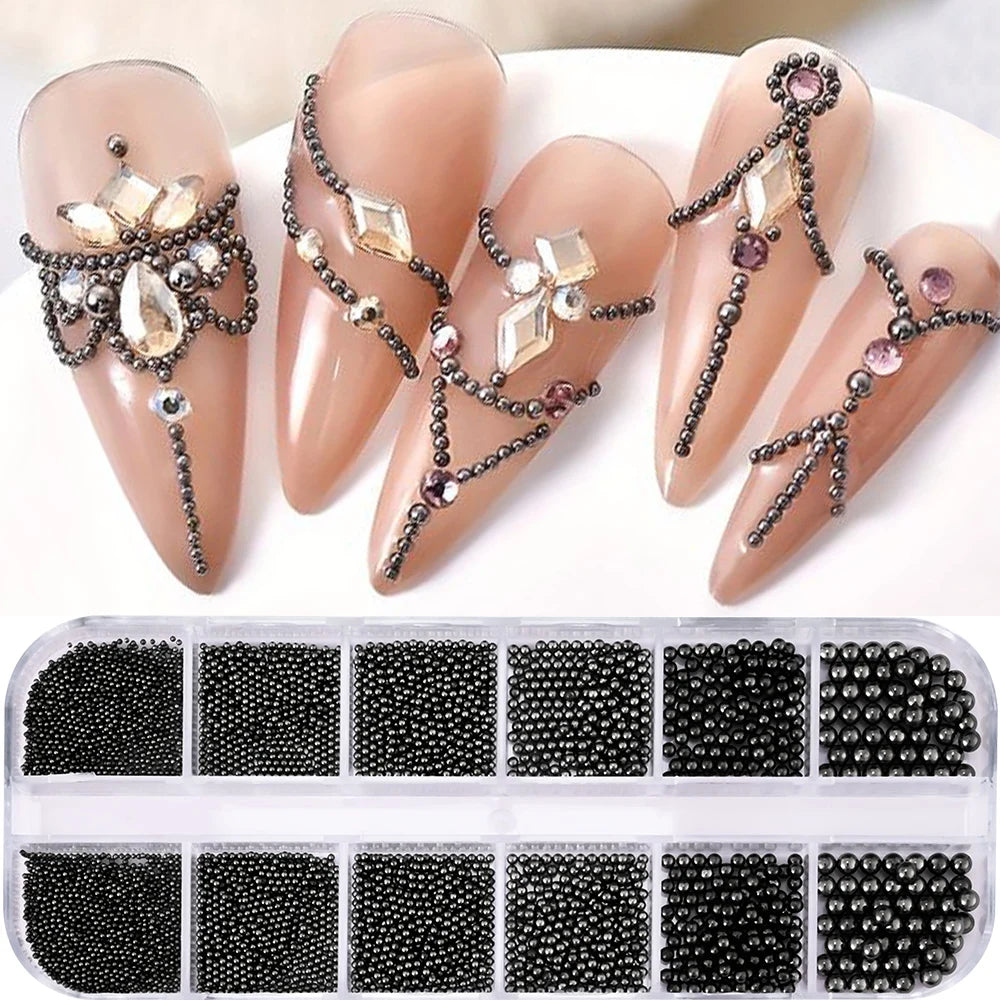 A set of gold caviar beads nail charms in various sizes and colors for DIY nail art