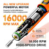 Close-up of an orange and black cordless rotary tool motor with a metal shaft, highlighting its high-speed drive features.
