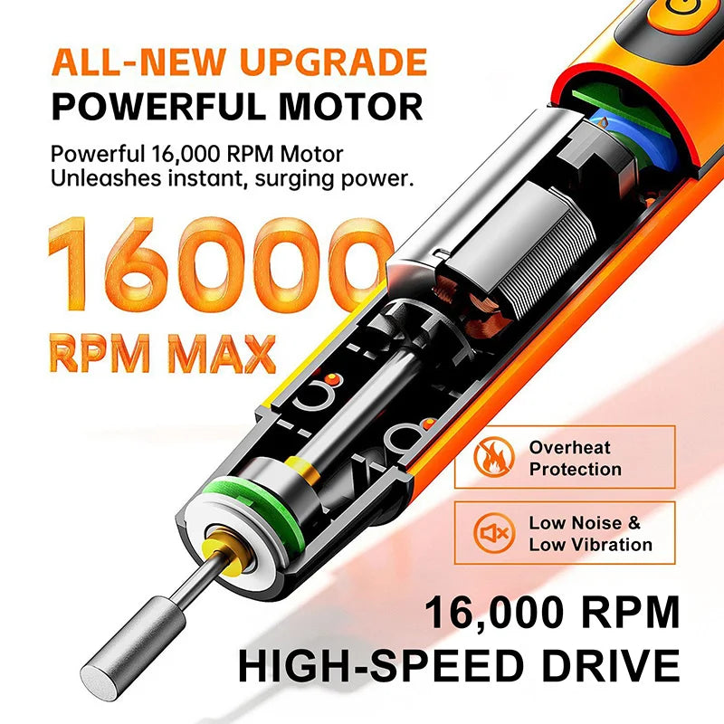 Close-up of an orange and black cordless rotary tool motor with a metal shaft, highlighting its high-speed drive features.
