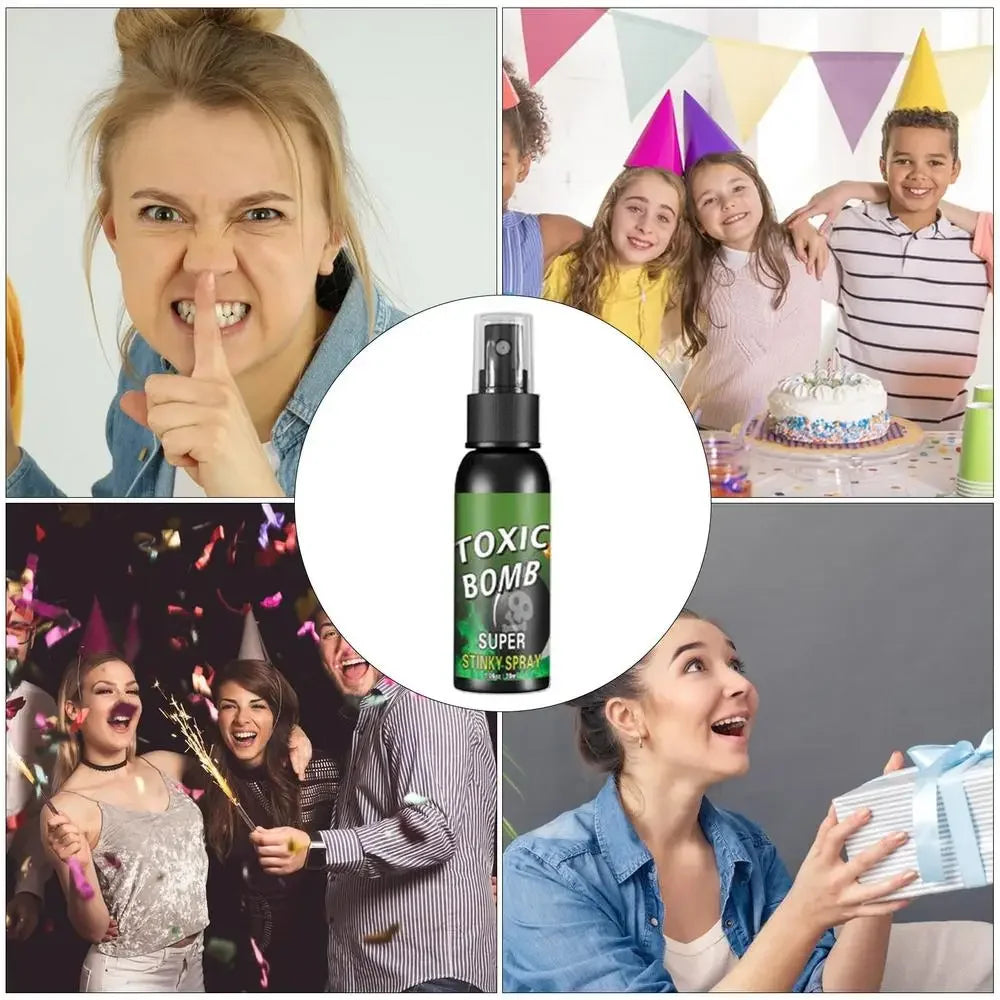 A bottle of Toxic Bomb fart spray prank gag gift next to various photos showing people reacting.