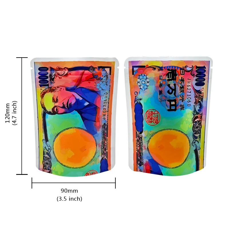 A pair of small, colorful mylar bags featuring a dollar sign pattern for smell-proof and reusable storage.