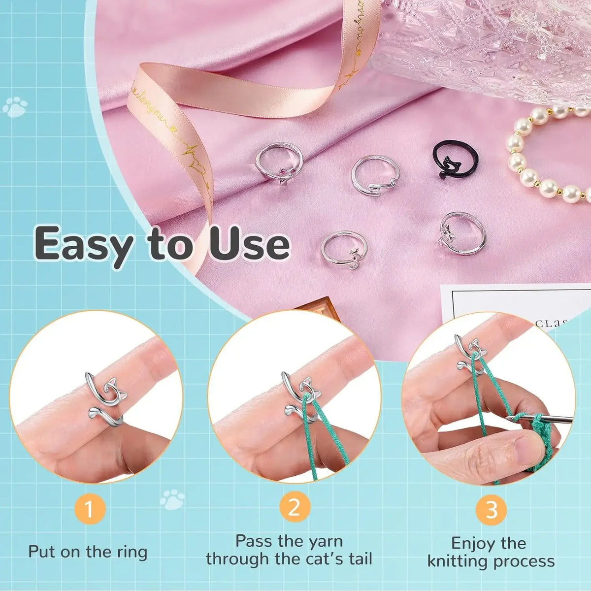 Instructions for putting on an adjustable cat-ear crochet ring by passing yarn through the tail