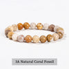 A bracelet made of 3A natural coral fossils with various shades of beige and brown stones.