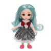 A 16cm articulated BJD princess doll with light blue hair wearing a black and white plaid skirt and a red bow.