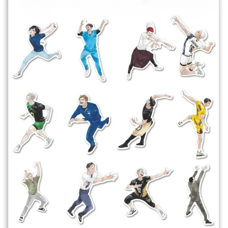 A pack of six waterproof PVC decals featuring characters from the Haikyuu anime.