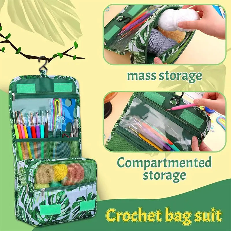 A crochet bag suit featuring a storage bag with compartmentalized storage and mass storage for yarn and accessories.