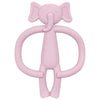 A pink silicone elephant teething toy with large ears and a trunk.