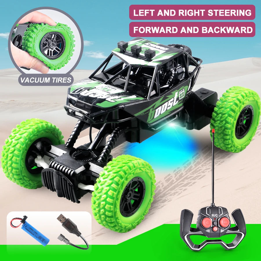 A black off-road remote control car with green tires and flashing lights is shown with its battery and controller.