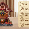 A wooden cuckoo clock puzzle kit featuring a detailed house model and various components for assembly.