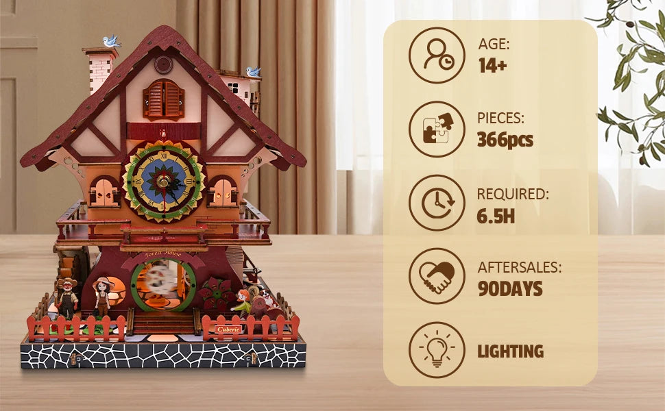 A wooden cuckoo clock puzzle kit featuring a detailed house model and various components for assembly.