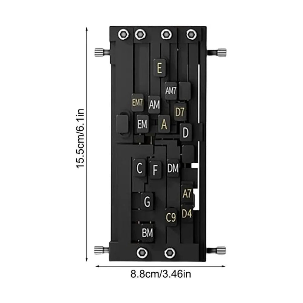 A black beginner guitar chord trainer with labeled fret positions and tuning indicators.