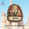 A creative 3D refrigerator magnet featuring a depiction of Russian-inspired figures and the word Russia.