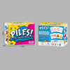 A box of piles card game featuring colorful cards and text on the front