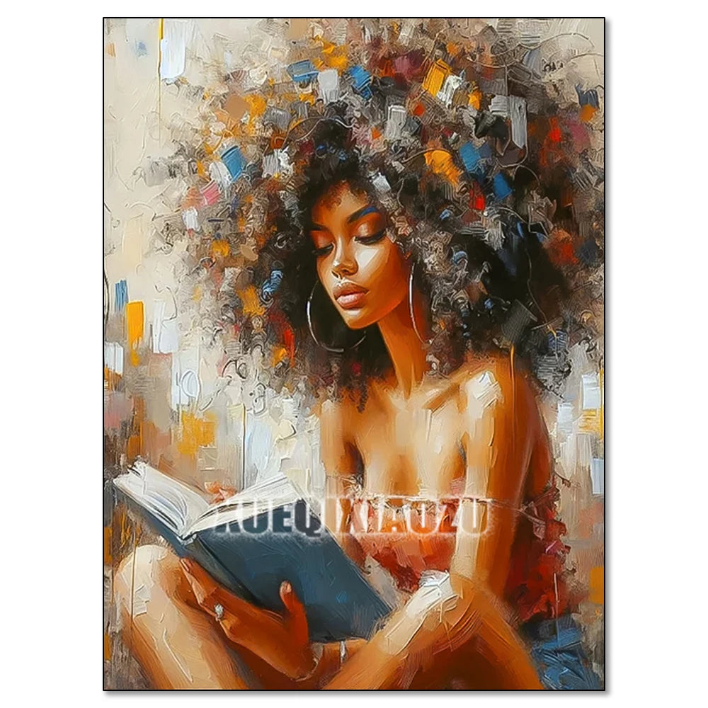 A painting of an African woman with curly hair in a portrait style, featuring warm tones and rich colors.