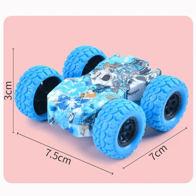 A blue pull-back inertia car toy with flip-over action featuring large rubber wheels and a decorative body.