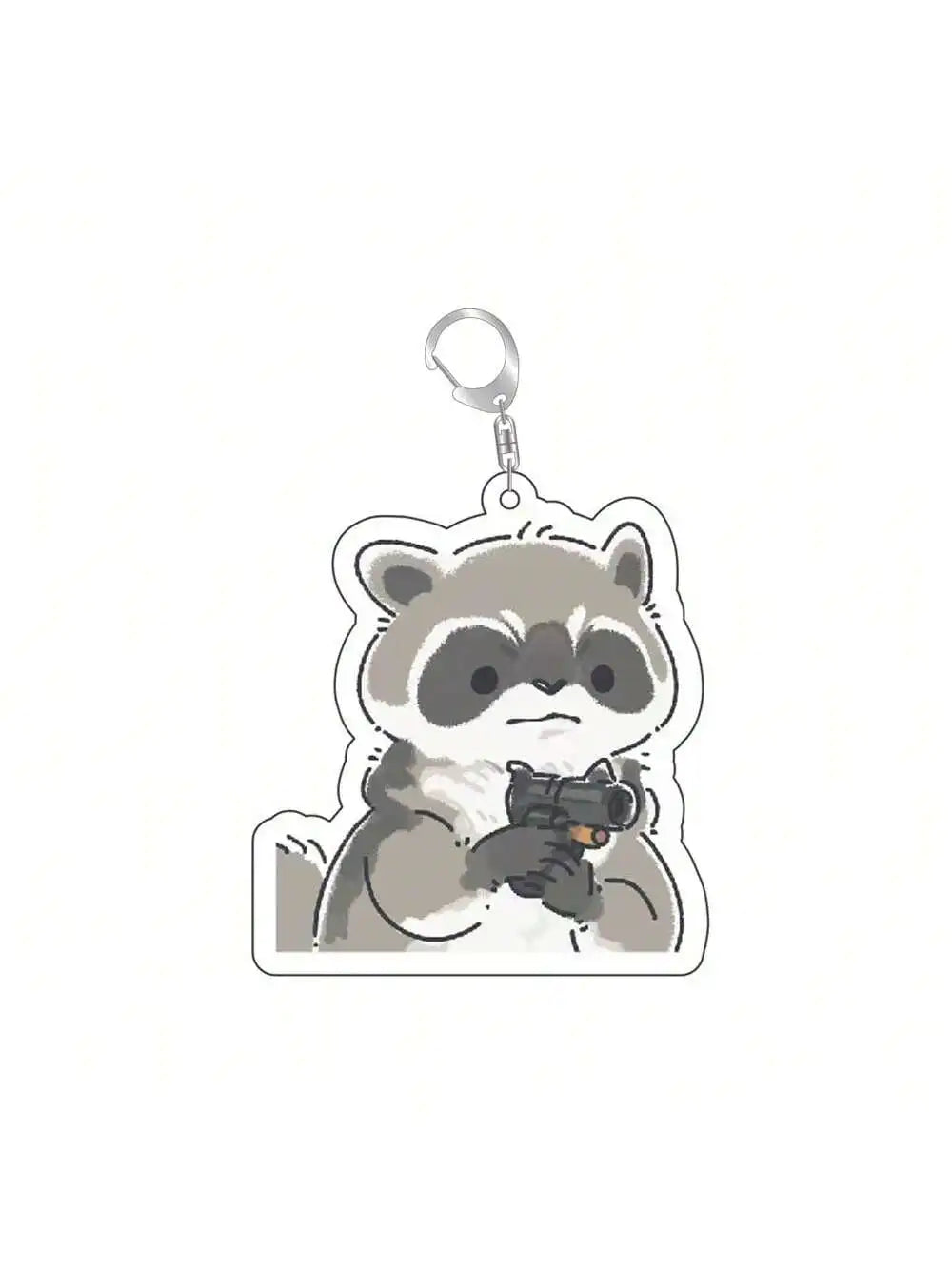 A cute raccoon character design on an acrylic keychain.