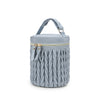 A light blue knitted organizer bag with a zipper and a handle, designed for baby stroller use.