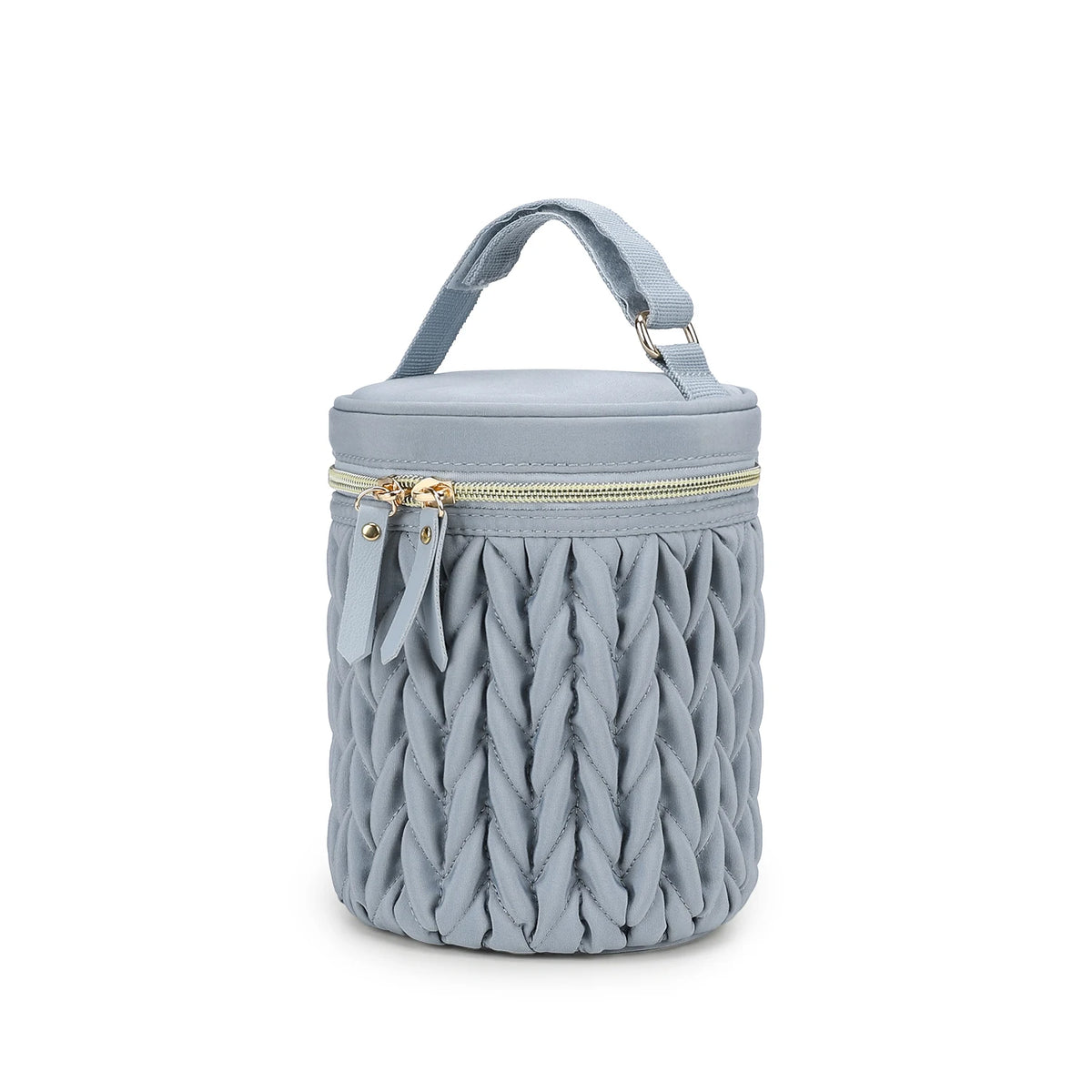 A light blue knitted organizer bag with a zipper and a handle, designed for baby stroller use.