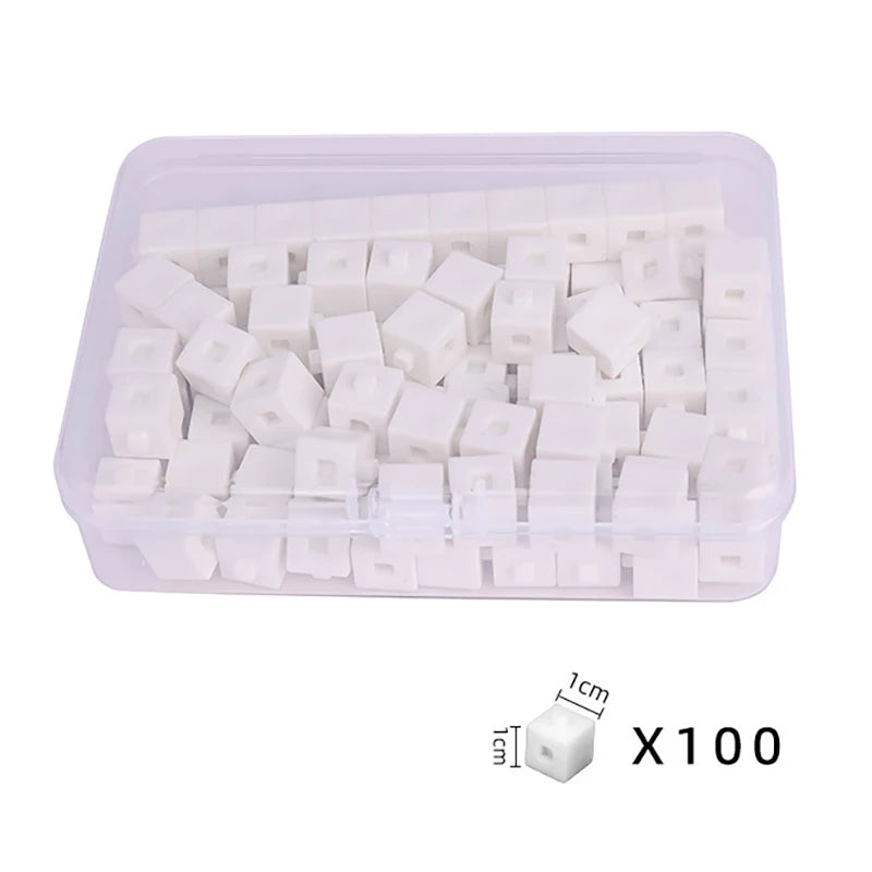 A clear plastic container filled with 100 white linking cubes for early math learning.
