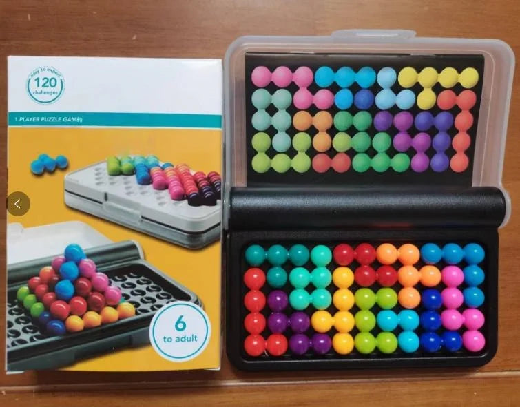A box and an open plastic case of a pyramid bead logic puzzle with colorful beads.