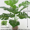 A vibrant green faux Monstera palm plant with large leaves, showing the size of 12 leaves and a leaf size of about 16cm long.