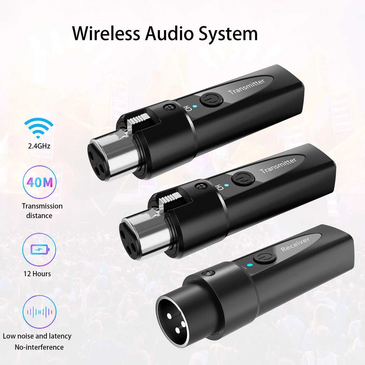 A black wireless audio system showing a transmitter and receiver devices.