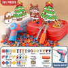 A set of building toys featuring a dinosaur drill and various screws, nuts, and drills for construction.
