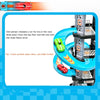 A multi-level race car track set featuring a parking garage and various colored cars on a vertical track.