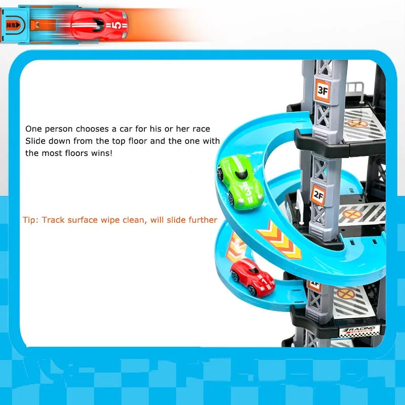 A multi-level race car track set featuring a parking garage and various colored cars on a vertical track.