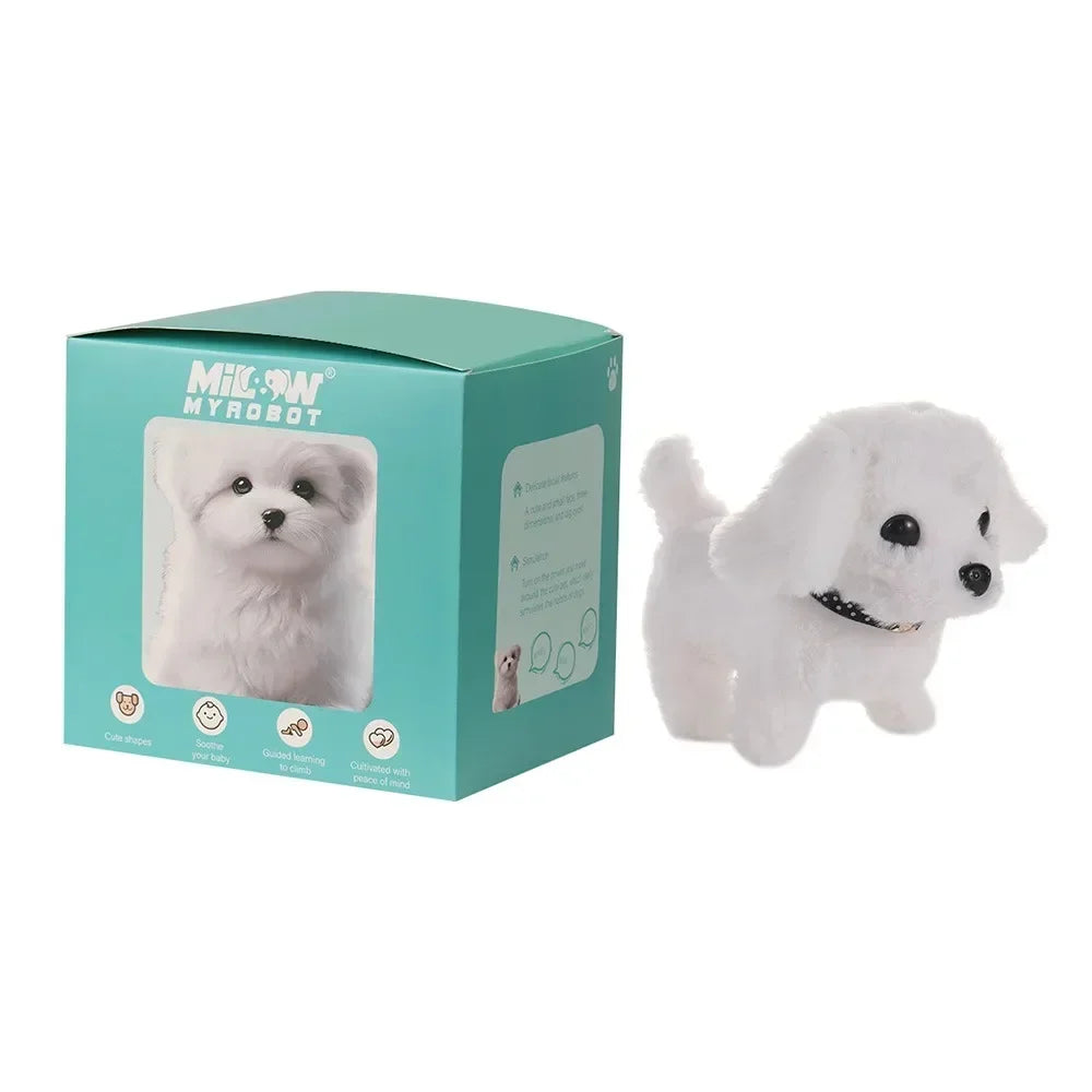 A white plush robot puppy toy with walking and barking features displayed in its packaging box.