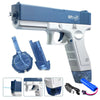 A blue electric water blaster gun for kids with accessories and a separate water tank.