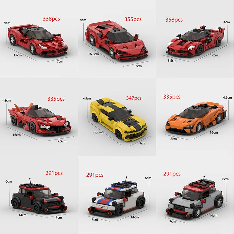 A collection of red and yellow classic supercar building blocks in various sizes and configurations.