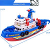 A blue and red electric marine rescue boat toy with a lighthouse structure and rescue equipment.