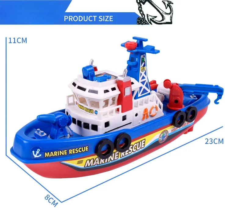 A blue and red electric marine rescue boat toy with a lighthouse structure and rescue equipment.