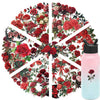 A floral design featuring red and pink roses in a cross pattern on a light pink bottle.