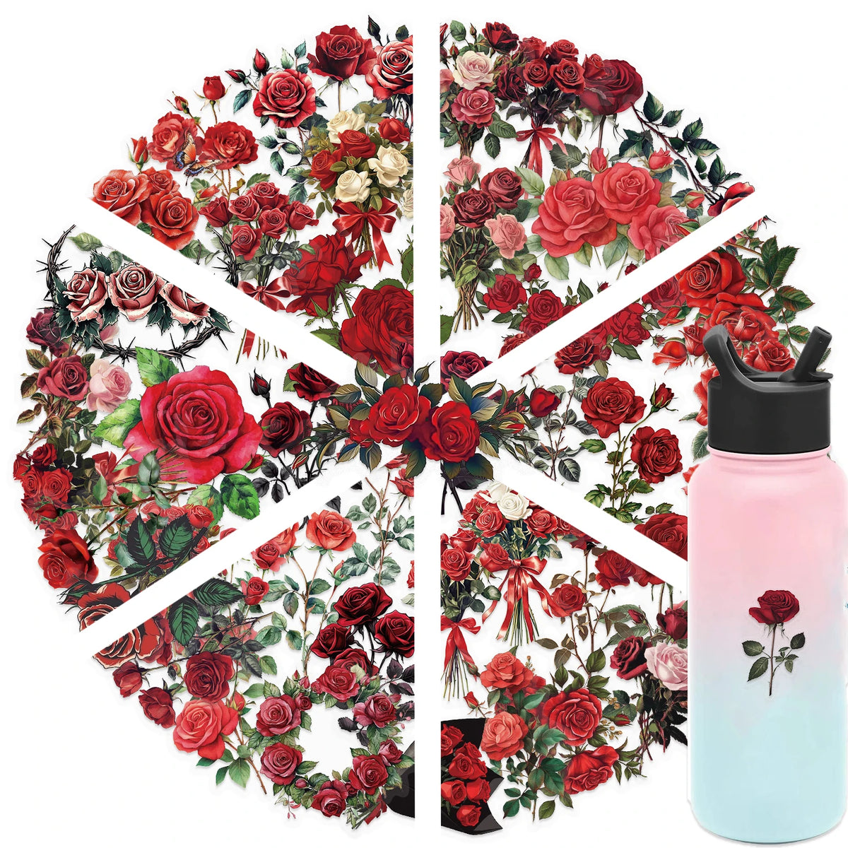 A floral design featuring red and pink roses in a cross pattern on a light pink bottle.