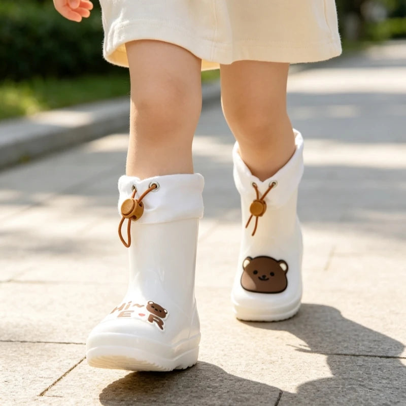 A child wearing white waterproof bear rain boots with anti-slip soles walking on a paved path.